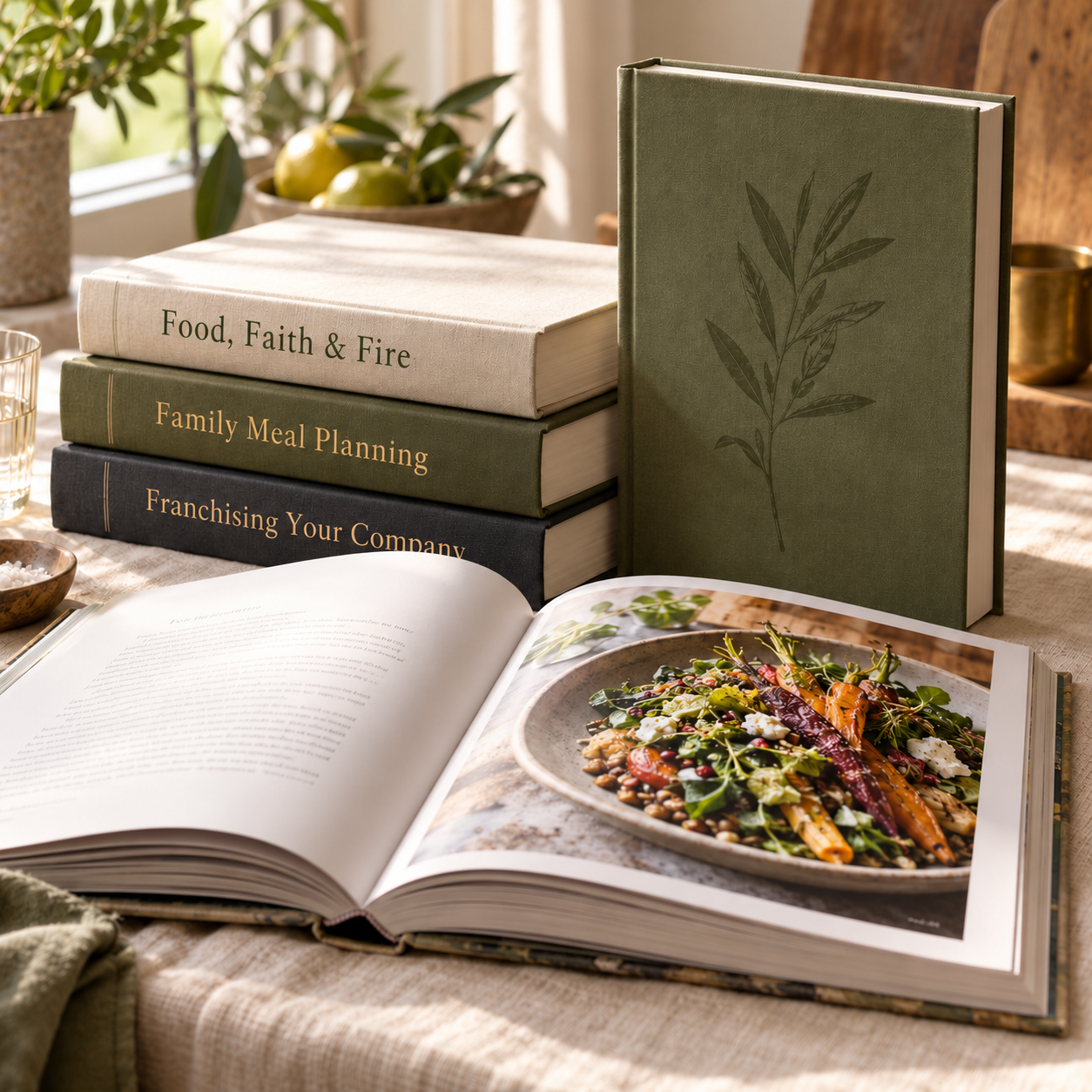 Books collection: Food, Faith & Fire, Family Meal Planning, and Franchising Your Company.