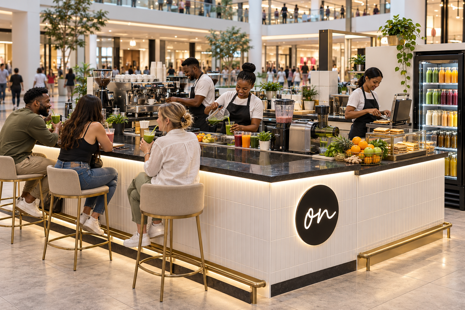 ON Express open mall kiosk concept rendering with counter seating and a drinks fridge