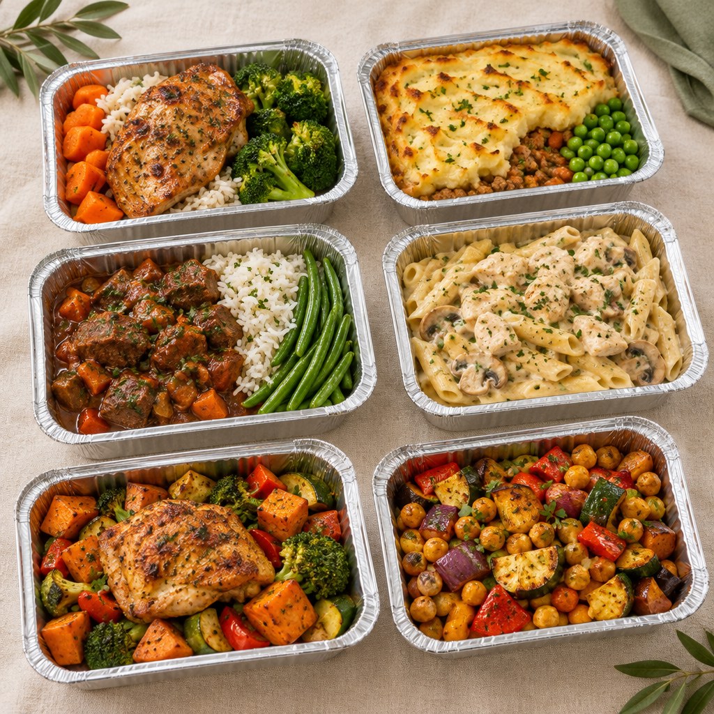 A selection of freshly prepared meals in silver foil containers.